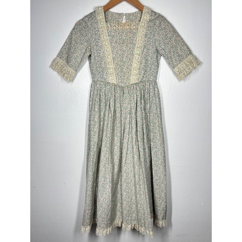 VTG Floral Prairie Maxi Dress Sz4 Lace Trim Calico Cottagecore Boho Handmade GUC